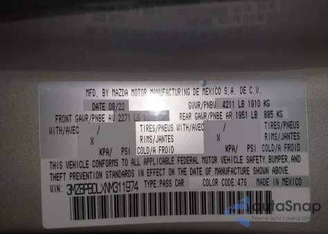 2022 Mazda Mazda3 Premium из США, поврежденный, VIN 3MZBPBDLXNM311974